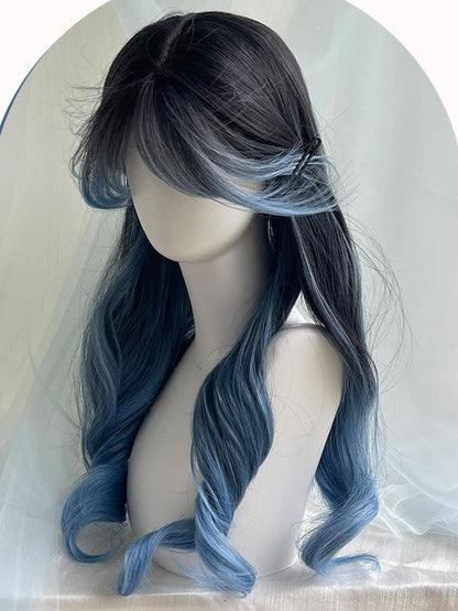 Ombre Blue Bangs Wellige schwarze Perücke 65CM und mit Länge