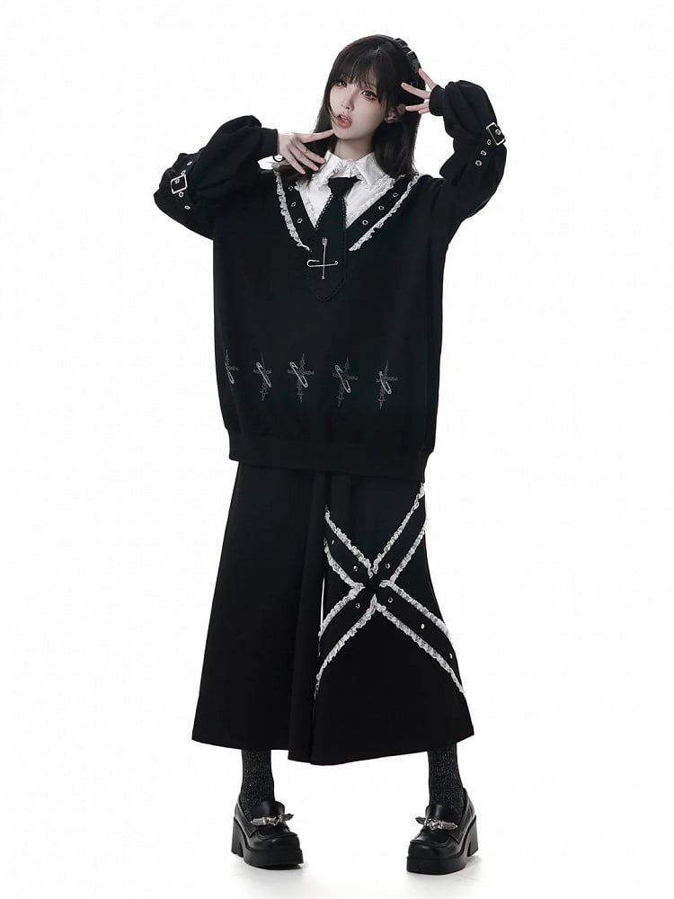 Details with Wide-Leg Ankle Pants Criss-Cross Black Stud White Lace Length and