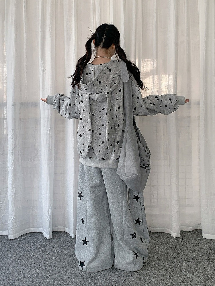 Cute White/Gray Rabbit Ear Zip-Up Hoodie with Star Print Pattern - Solkatt