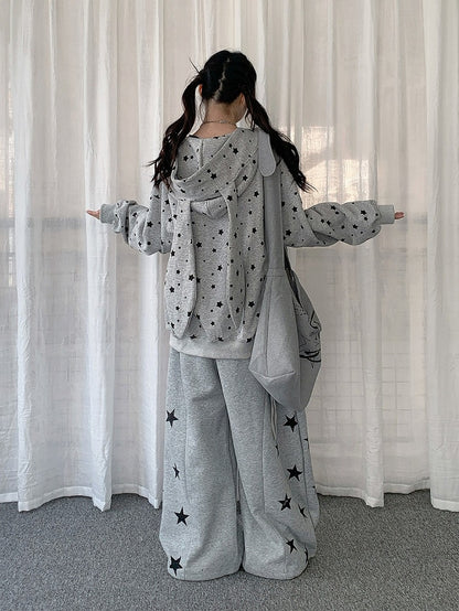 Cute White/Gray Rabbit Ear Zip-Up Hoodie with Star Print Pattern - Solkatt