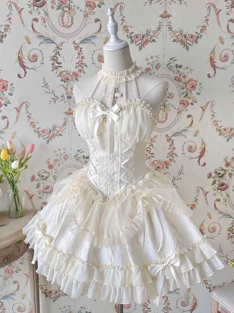 Cross Belle Elfenbein Neckholder Korsett Kleid Balletcore Prinzessin Lolita JSK