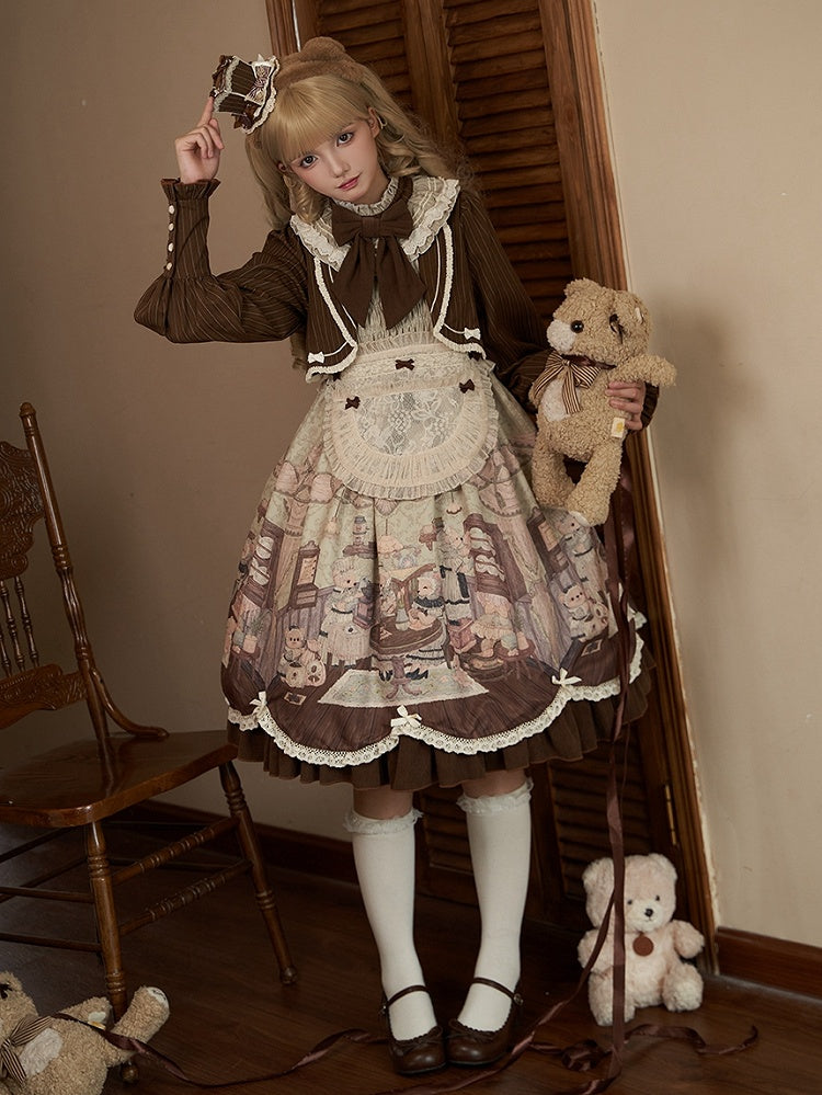 Drucken Lolita Zwei Teddy Haus Stücke Kleid Kaffee Design Lange Grüne Ärmeln
