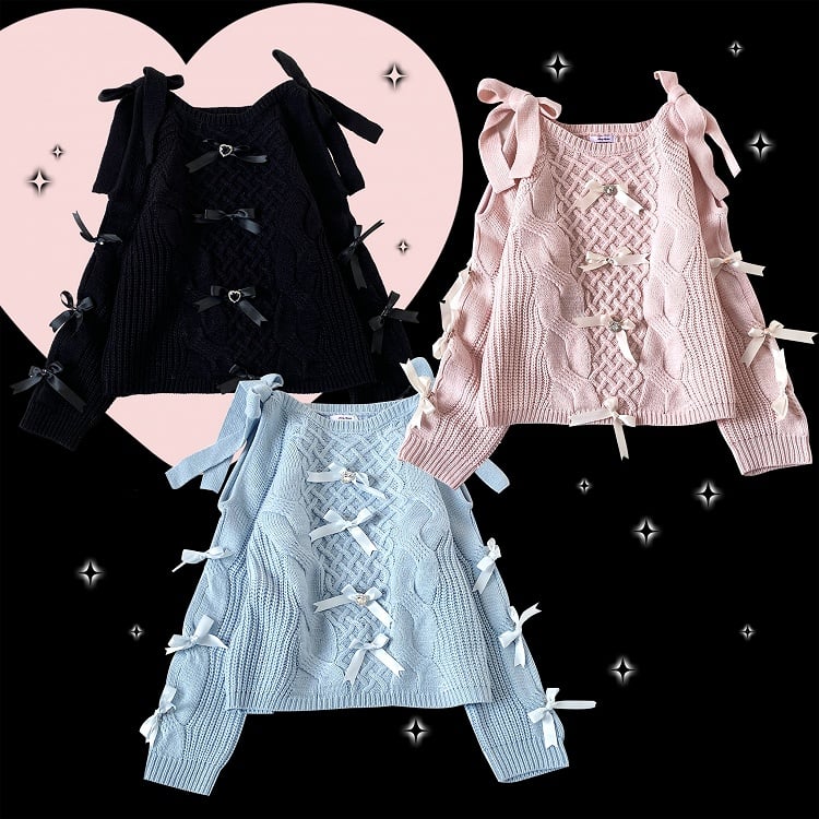 Blauer Pullover im Landmine-Stil mit Schleifenakzenten und ausgeschnittener Schulter