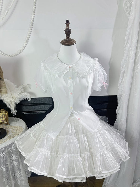 ショート丈フラットカラースリーブラウンドブラウスホワイトパフ