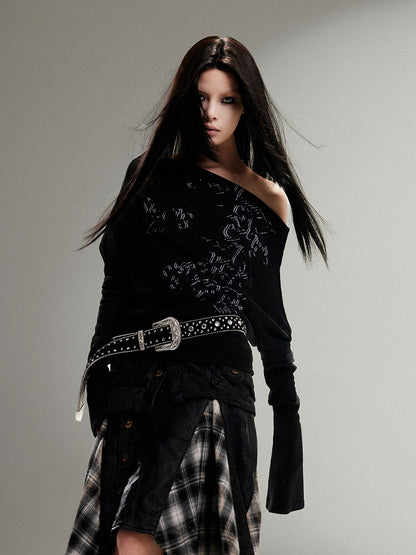 Vintage Print Totem Knit Off-Shoulder Punk Black Top Loose Fit