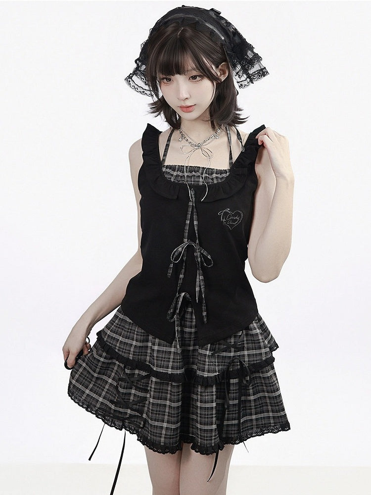 Black Fake Two-Piece Halter Top with Plaid Ties - PINK SAVIOR