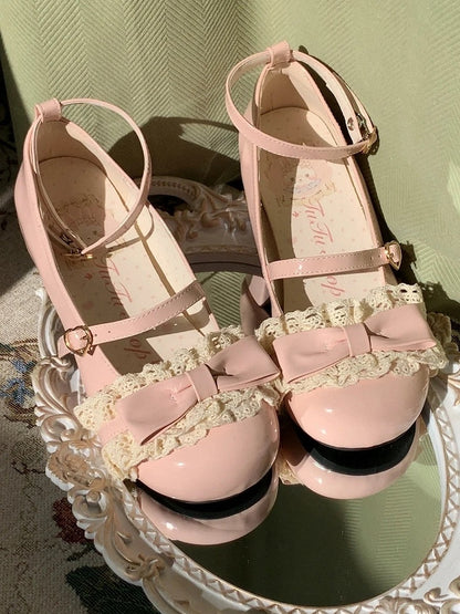 Round Trim Bow Lace Sweet Top Low Heels Pink at Toe with
