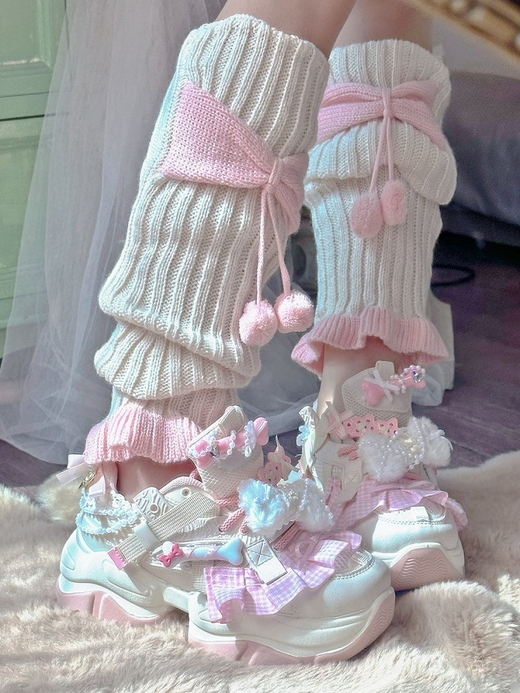 Style Pink Pom-pom Bow with Knitted Beige Accents Warmers Y2K Leg Details
