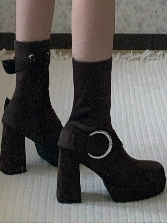 Bottes Mi-mollet Marron à Bout Carré avec Fermeture Éclair Plateforme Boucle Intérieure Talon Carré Haut