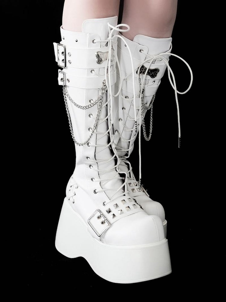 骨型メタルプレート マットホワイト パンク ウェッジ プラットフォーム ニーハイブーツ