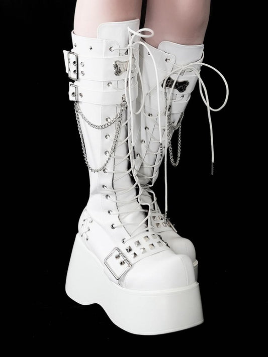 骨型メタルプレート マットホワイト パンク ウェッジ プラットフォーム ニーハイブーツ