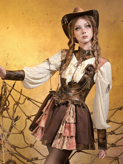 Lace Steampunk Suspender Orange Under-bust PU with Dress Brown Layers