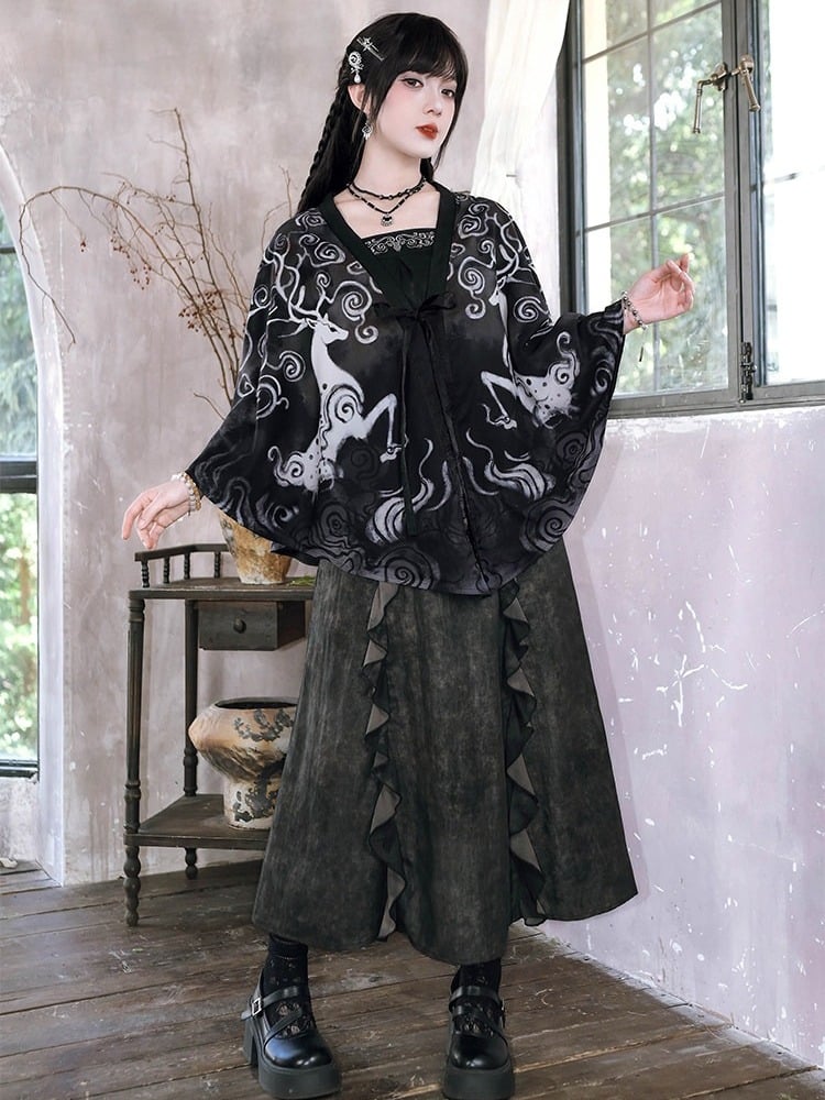 Ink Wash Print Chinese Gothic Black Midi Skirt with Ruffle - Quirky Hut