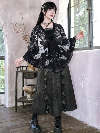 Ink Wash Print Chinese Gothic Black Midi Skirt with Ruffle - Quirky Hut
