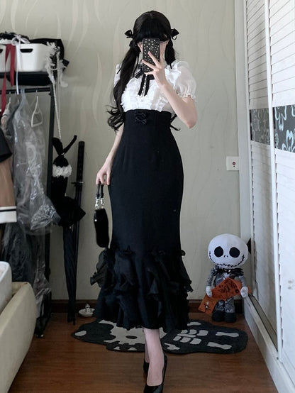 ロリータホワイトピースブラックエレガントツーデザインマーメイドドレスウエストスカートボーンフェイクブラウス