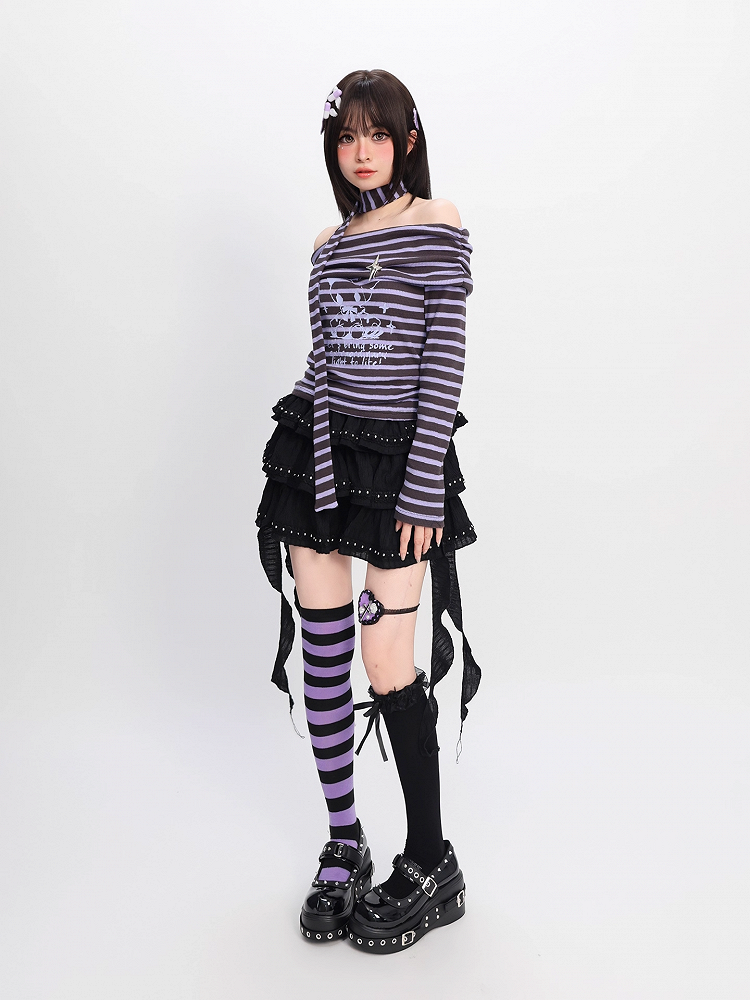 Neckline Striped Top Off-the-shoulder with Free Gray and Y2K Purple Scarf