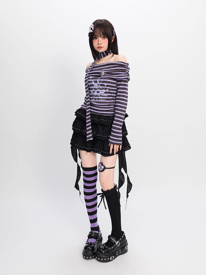 Neckline Striped Top Off-the-shoulder with Free Gray and Y2K Purple Scarf