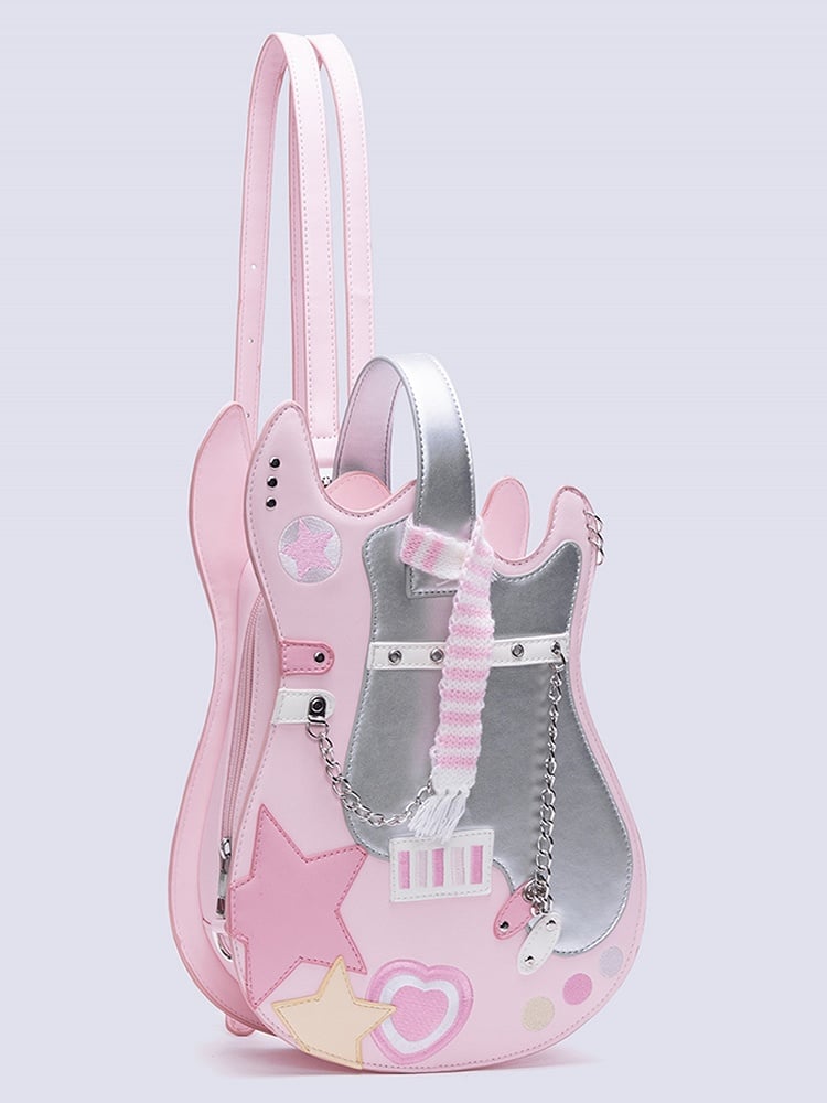Design Bag Guitar-shaped Pink Silver Star Sweetheart Embroidered