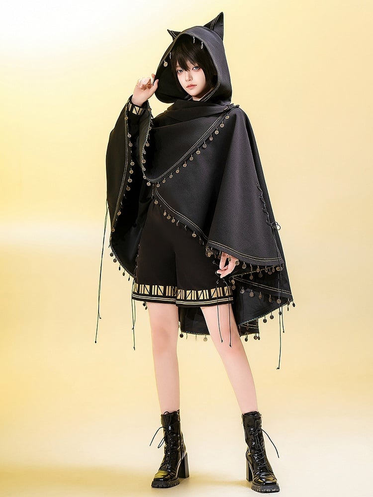 ファッションキャットハイロー耳裾（洗濯機洗い不可、ブラック王子）ケープフード付き