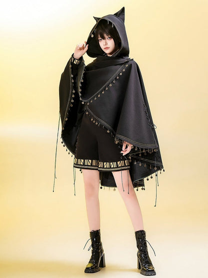 ファッションキャットハイロー耳裾（洗濯機洗い不可、ブラック王子）ケープフード付き