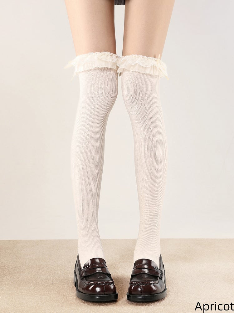 42CM with Bow Lolita Decoration White/Brown/Apricot Stockings Lace-Trimmed