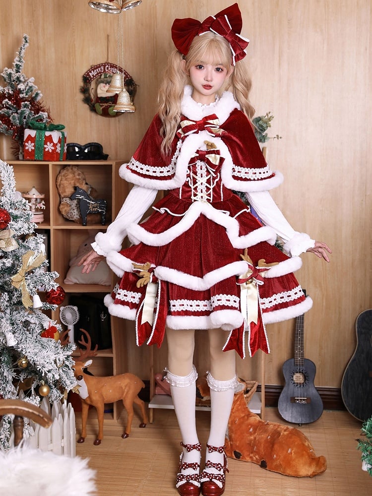 + Christmas Full White Sleeves Lolita Long Set Red Dress Cape Top