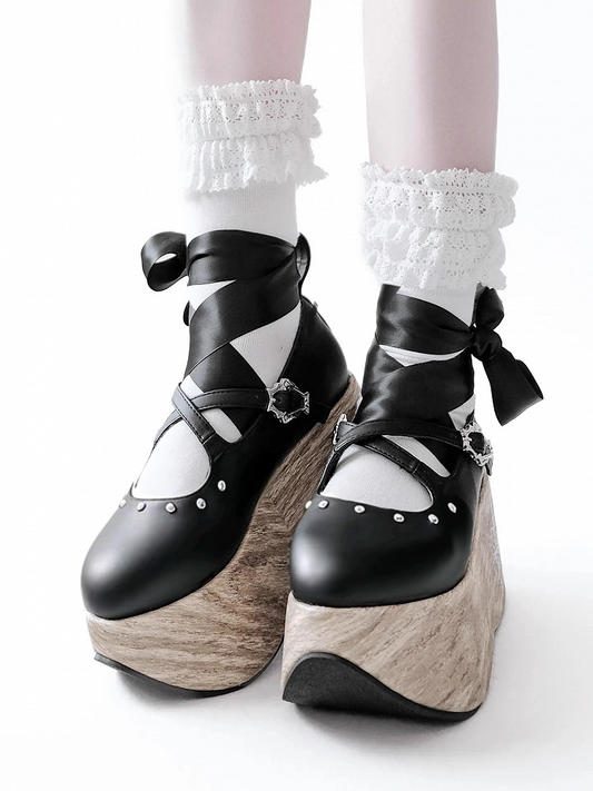 Criss-cross Chunky Shoes Buckle Lace-up Strap Gothic Platform Black with