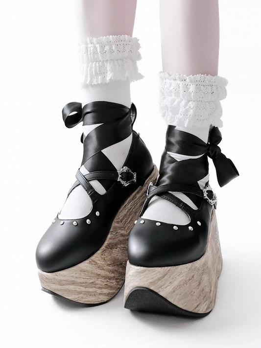 Chunky Black Lace-Up Platform Shoes with Buckle Strap - NRose