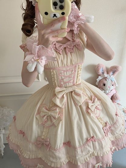 Scalloped Edge Scool Lolita Cotton Yellow Skirt Accents Pink Dress and Bow Old Trim