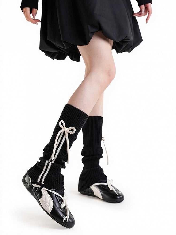 Ribbed Leg Warmers with Stripe and Bow Decor - ModaSwings