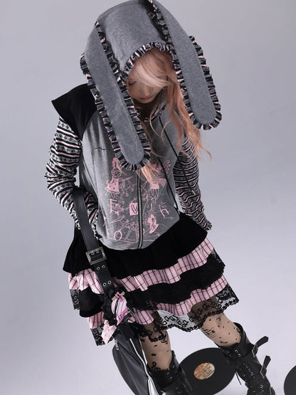 Punk Hime Two-Piece Ears Hoodie Faux Gyaru Bunny with Gray