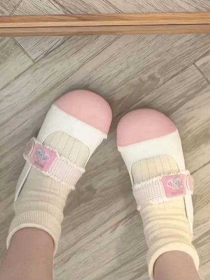 Strap Closures Plaid Lolita Flats White Toe Lace - Pink Trim Sweet Round Velcro
