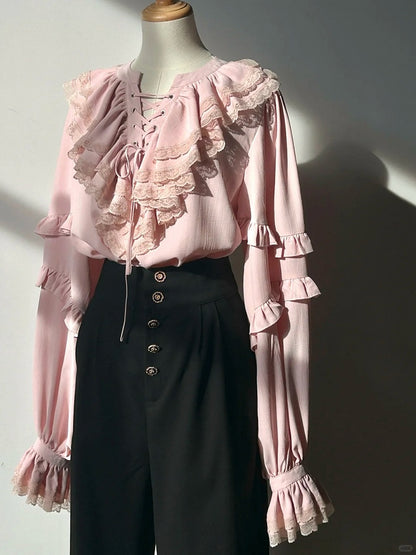 Sleeves Front Long Pink with Blouse Lace-Up Ruffled