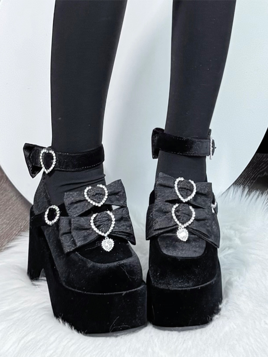 Jirai Kei Black Suede Platform Mary Janes | Dual Jacquard Lace Bows Top & Rhinestone Decor