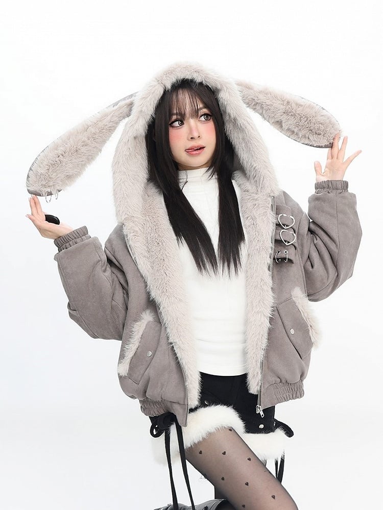 Grey Blouson Bunny lining - Bittersweet Hoodie Ear Jacket Y2K in Fleece