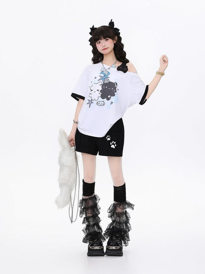 Playful Kitten One-Shoulder Tee Blue/Apricot/WhiteBlack