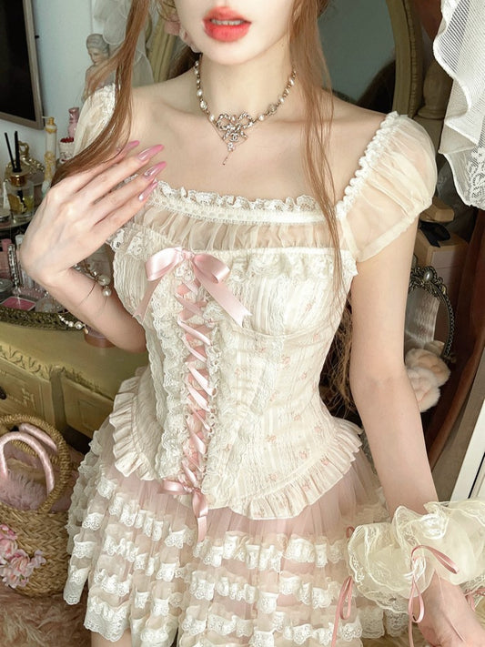 Pink Ruffled With Puff Floral Hem Top Two-Piece Corset Sleeves Faux Peplum