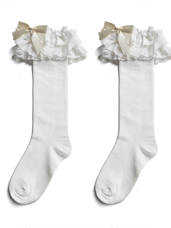 Multi-Layer Ruffle Bow Lolita Colors Lace 3 Socks Calf