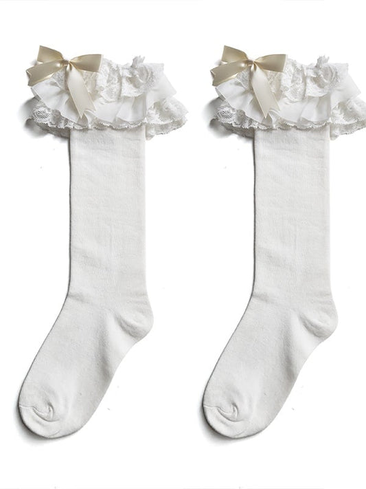Multi-Layer Ruffle Bow Lolita Colors Lace 3 Socks Calf