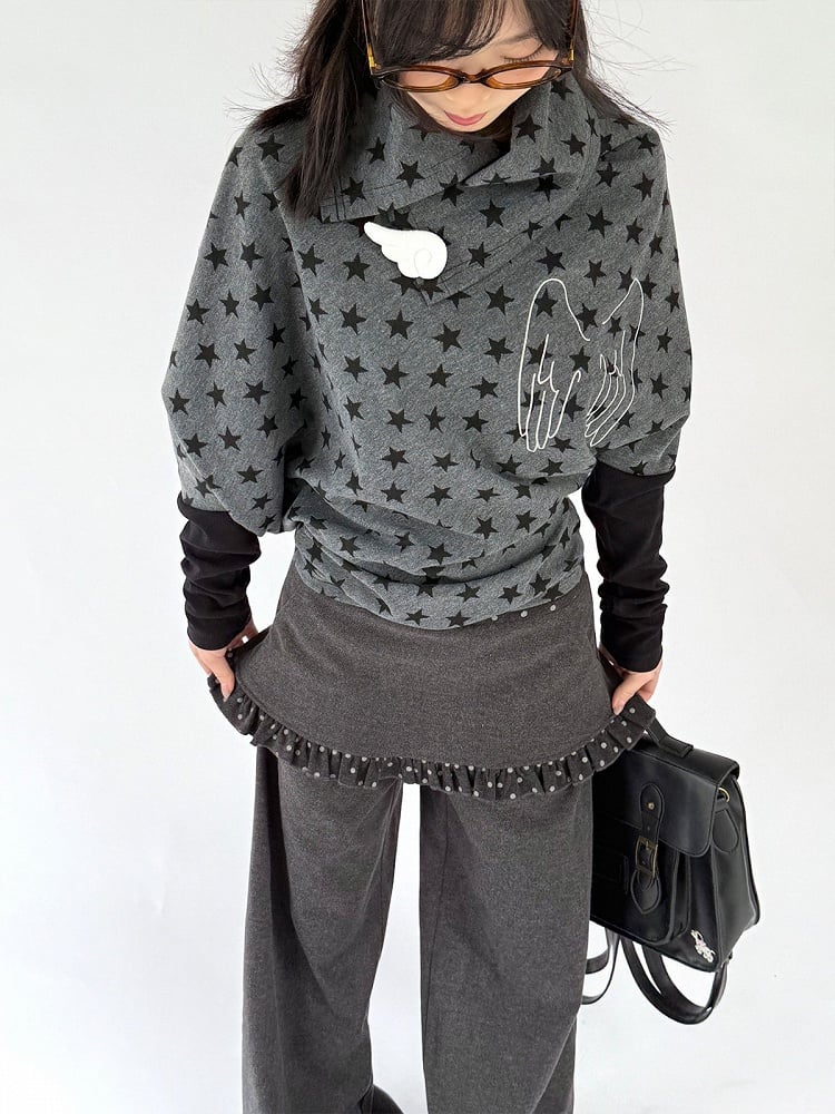 Blouse Star Angel Long Pattern with Wing Asymmetrical Gray Dark Sleeve Accents