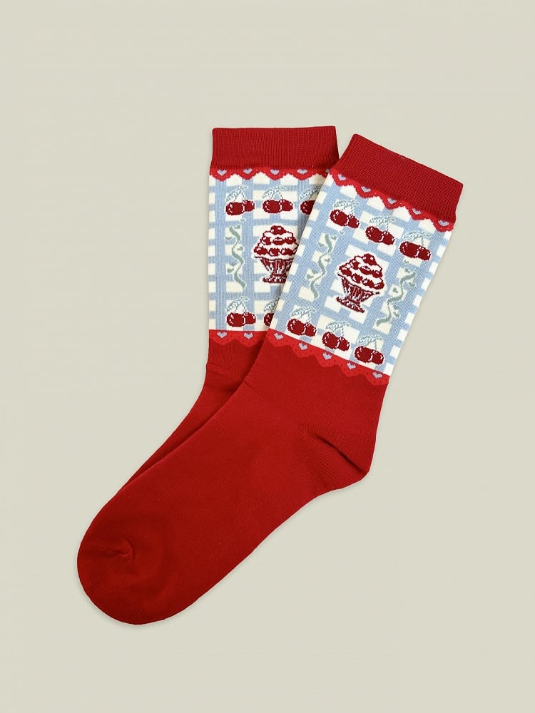 Red / White / Blue Cherry Pattern Cotton Socks