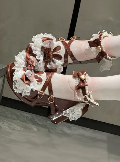 Brown Block Heel Pumps with Pearl Chain & Lace Trim - Meng Ka Jiang