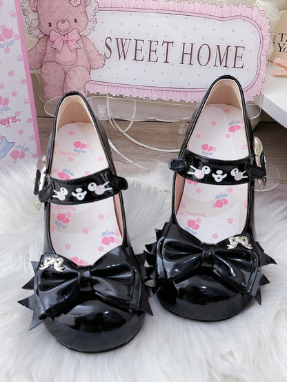 Cute Dog Theme Black Mary Janes in PU - Mid-heel Design, Bow at Top & Puppy Print Buckle Strap