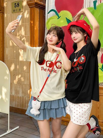 T-Shirt Apricot/Schwarz Rundhals Apfel Stickerei Locker