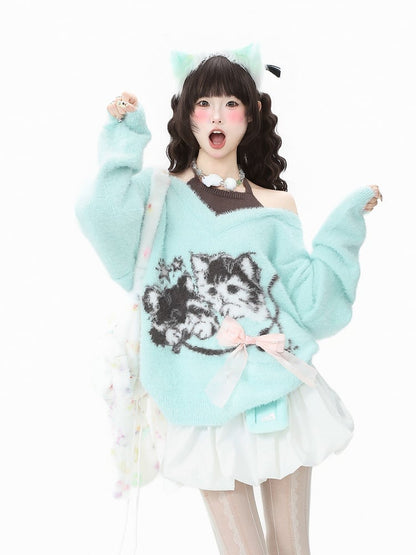 with Cat Sweater Bow Green/Black Pink Faux Two-Piece Knit Print