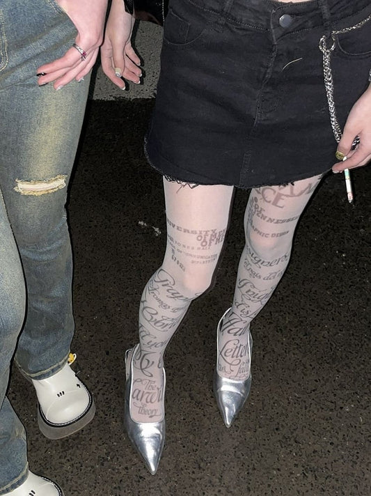 White/Nude Semi-sheer Pantyhose Print Letter