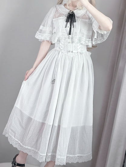 Kei Design Jirai Long and Lace-up Waist Fabric with Cape White Dress Chiffon