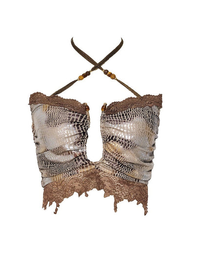 Brown Snakeskin Pattern Lace Trim Halter Neck Punk Top - Virtual Orbit