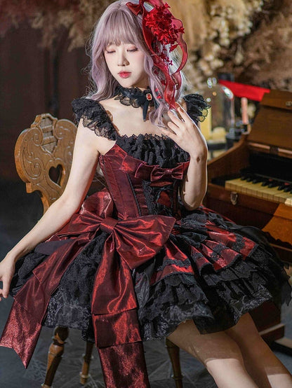 Boned Waist Dress Gothic Balletcore Lolita Black Bows JSK Red with Detachable and
