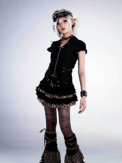 Crisscross Waist Belt Black Leopard Punk Lace Tiered Mini Skirt With